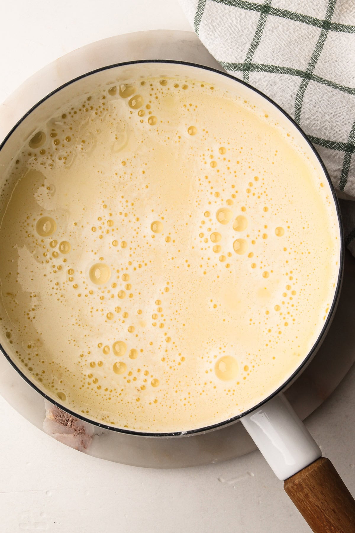 Coconut custard ingredients combined and ready to be cooked.
