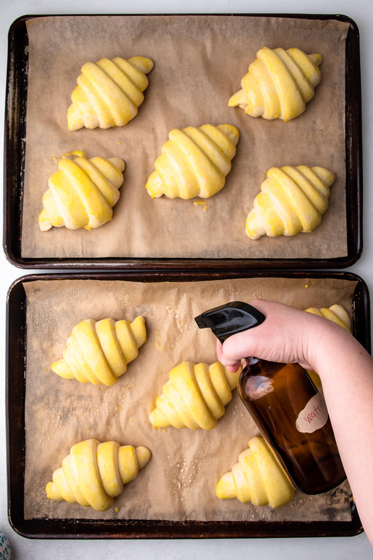 Spraying the tray of proofed croissants.