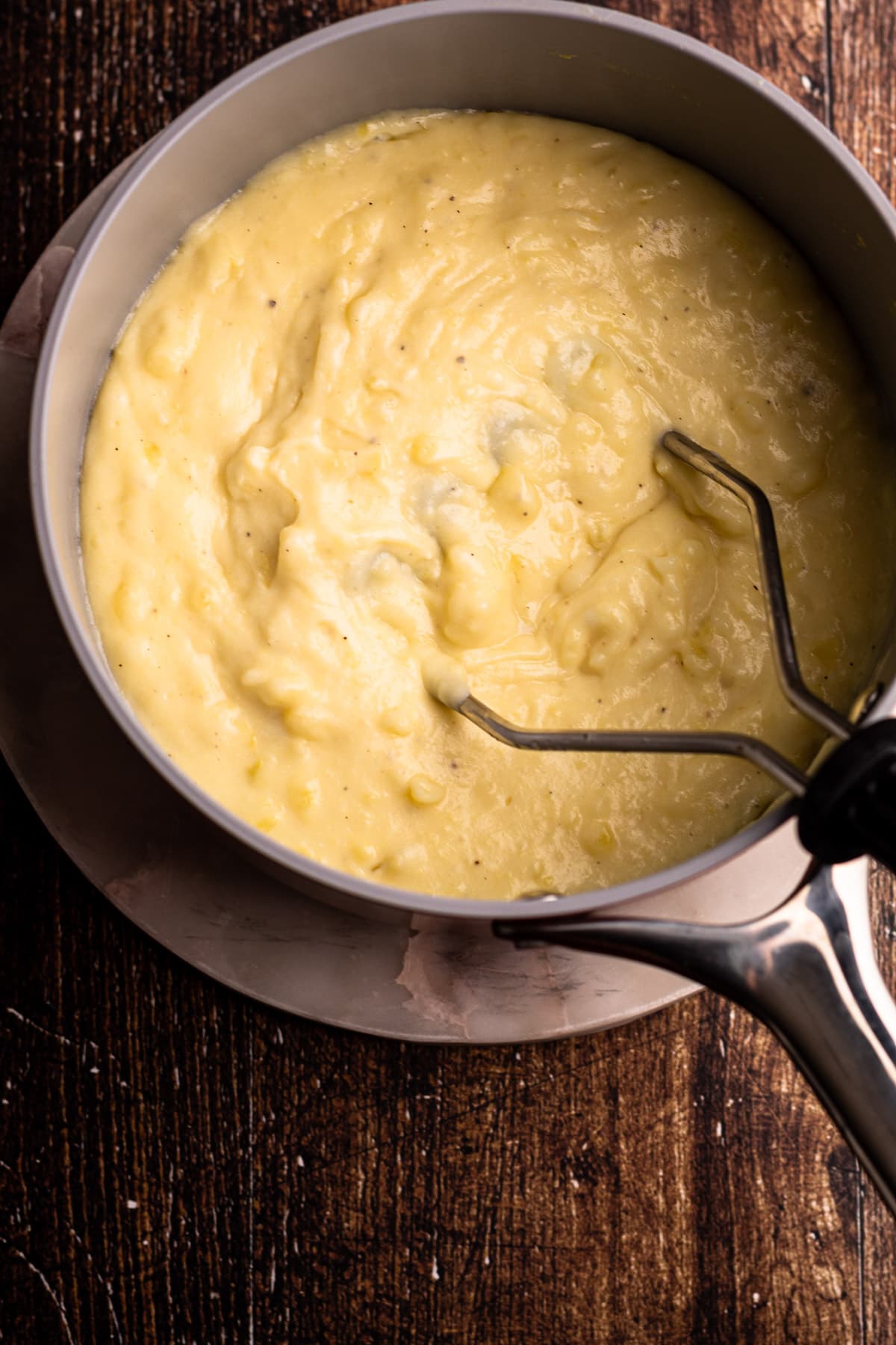 Creamy mashed potatoes for shepherds pie made with beef.