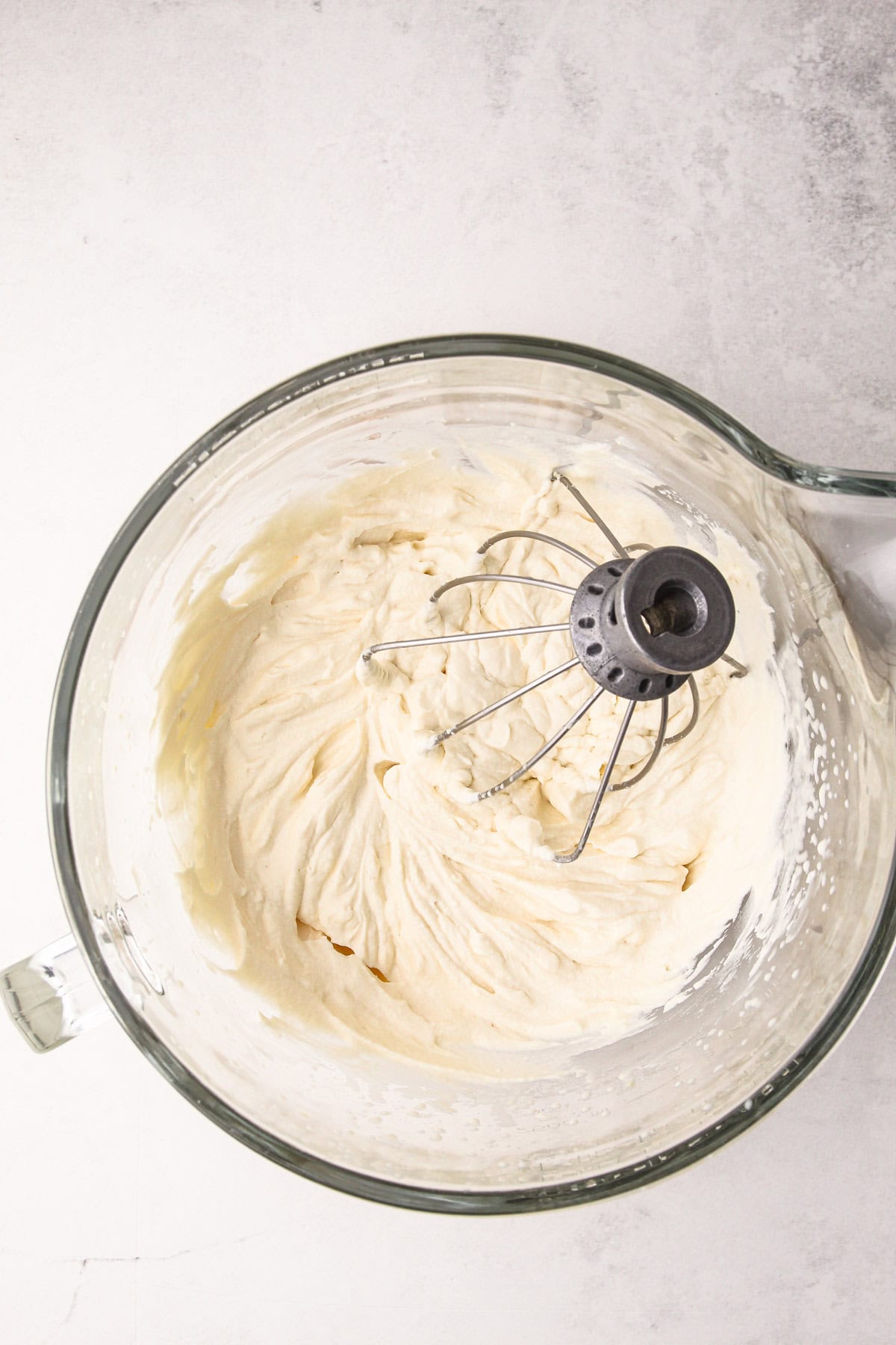 Stabilized whipped cream in a stand mixer.