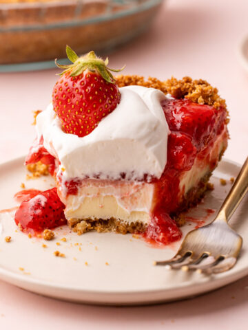 A slice of strawberry cream cheese pie.