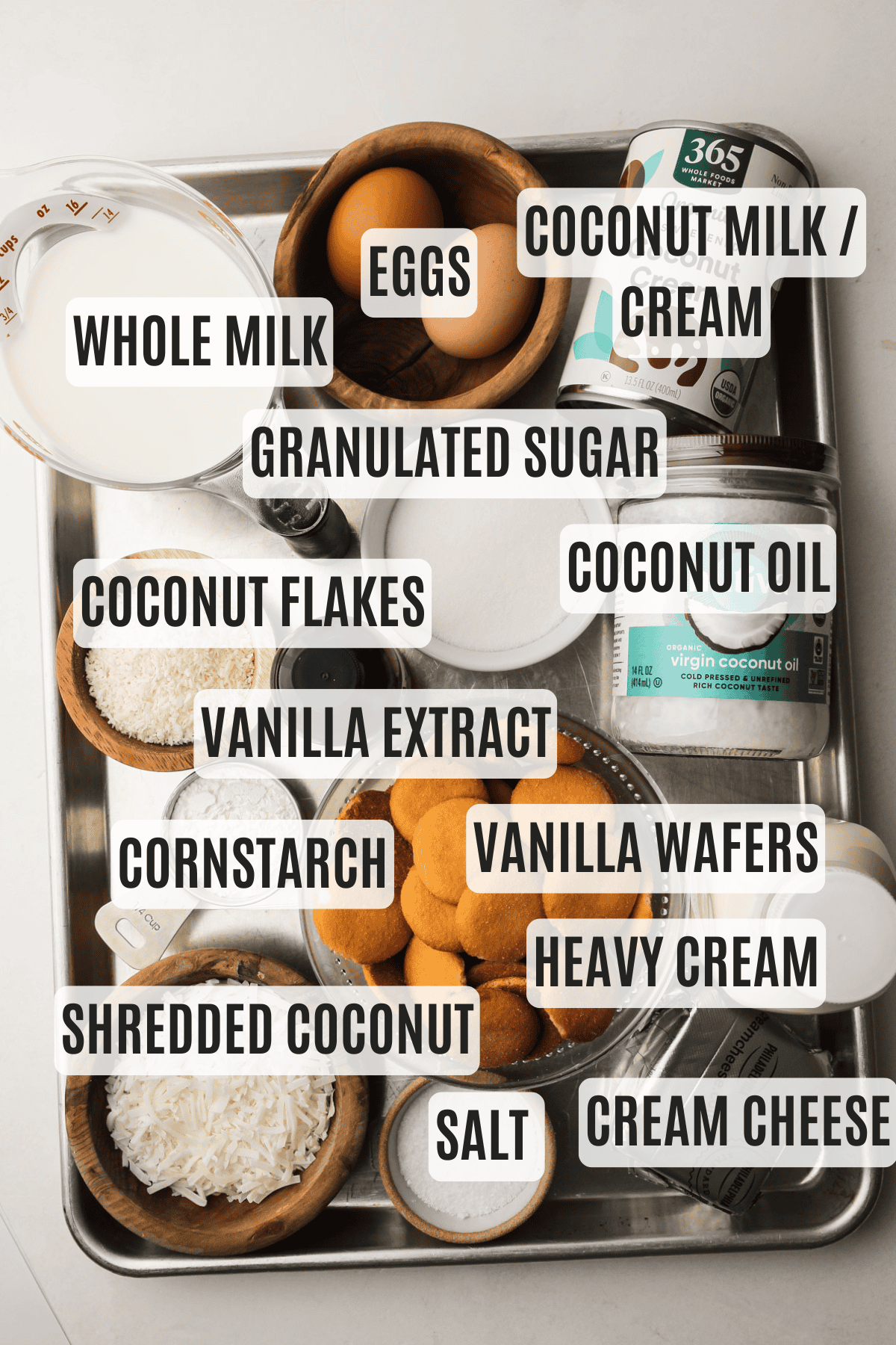 Ingredients laid out and labelled for making a coconut cream pie.