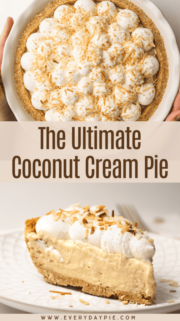 A coconut cream pie with whipped cream and toasted shredded coconut.